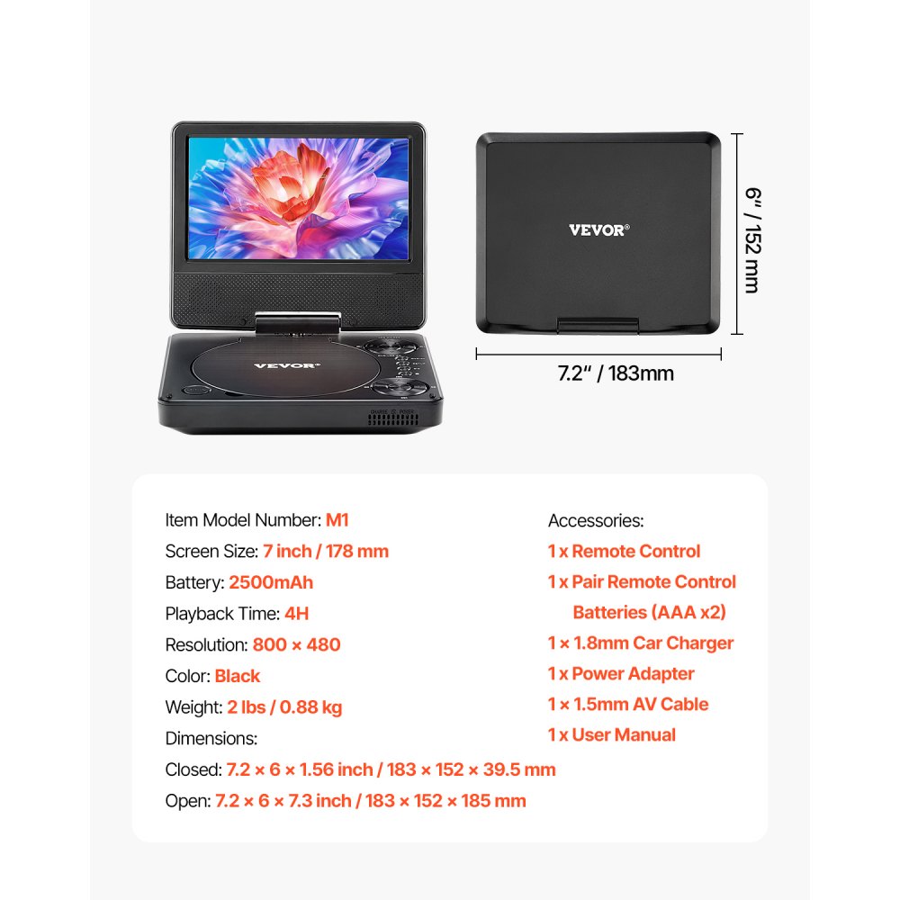VEVOR Portable DVD Player, 7 inch HD Swivel Display Screen, 4 Hours Built-in Rechargeable Battery, Dual Speakers, Support Sync TV/USB/SD Card/CD/DVD, Car Charger, AC Power Adapter, Remote Control
