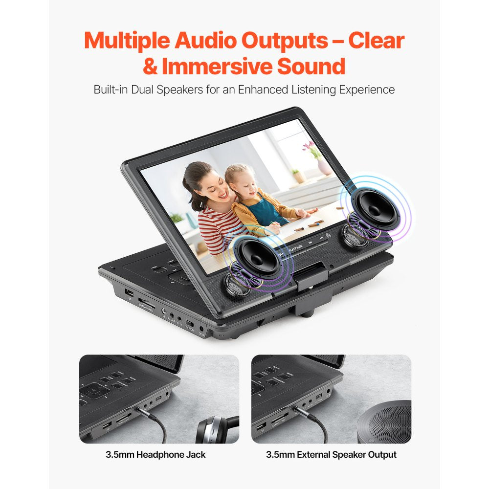 VEVOR Portable DVD Player, 9 inch HD Swivel Display Screen, 4 Hours Built-in Rechargeable Battery, Dual Speakers, Support Sync TV/USB/SD Card/CD/DVD, Car Charger, AC Power Adapter, Remote Control