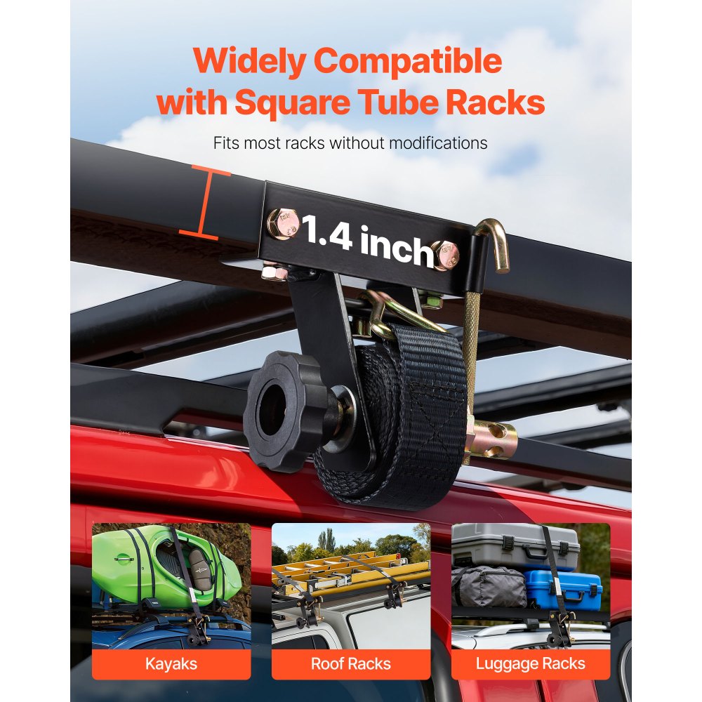 VEVOR Ladder Rack Ratchet Straps, Black Square Tube Mount, 1.5 in Wide x 7.4 ft Long Black Ladder Rack Straps with Double J-Hooks, 500 lbs Load Heavy Duty, Cargo Buckle Lock Strap (8 Pack)