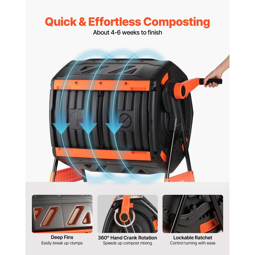 VEVOR Compost Tumbler, 53 Gallon Dual Chamber Outdoor Tumbling Composter with 2 Sliding Doors and Aeration System, Large Easy-Turn Rotating Composting Bin for Outside, Garden, Kitchen, and Yard Waste