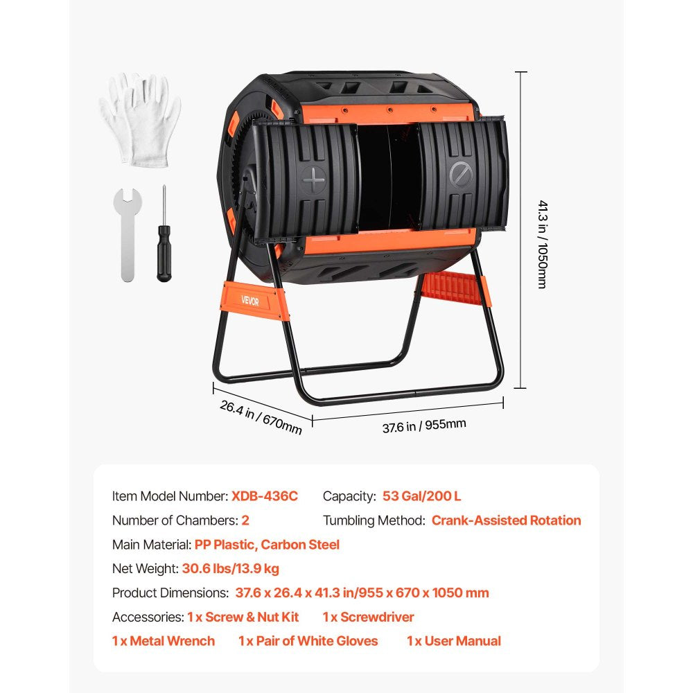 VEVOR Compost Tumbler, 53 Gallon Dual Chamber Outdoor Tumbling Composter with 2 Sliding Doors and Aeration System, Large Easy-Turn Rotating Composting Bin for Outside, Garden, Kitchen, and Yard Waste