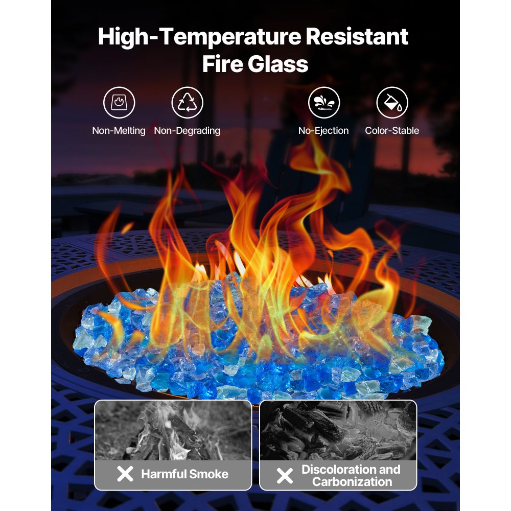 VEVOR Fire Glass, 10 LBS / 4.5 KG Fireplace Rocks, 3/4-Inch / 19.05 mm Reflective Firepit Glass Rock, High Luster Stone Landscaping for Fire Pit Table, Aqua Blue + Caribbean Blue + Aqua Green