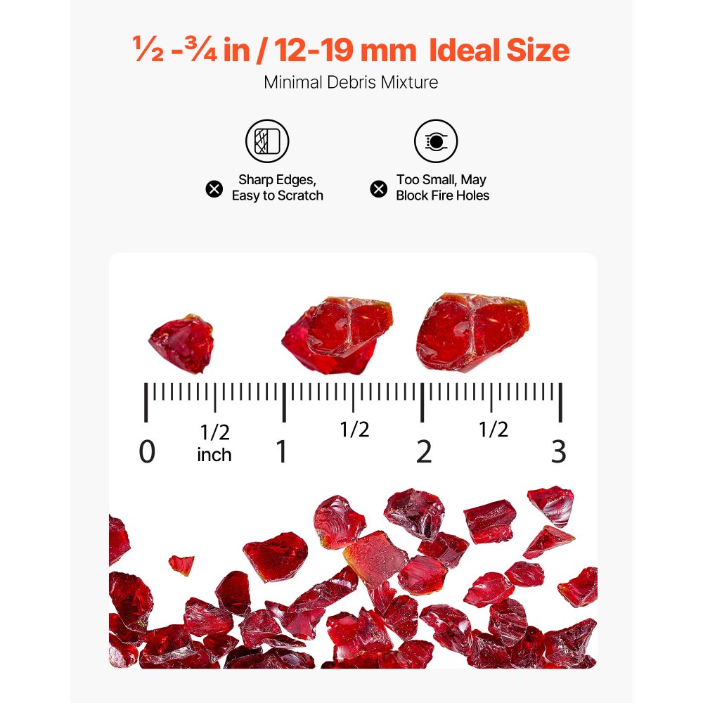 VEVOR Fire Glass, 10 LBS / 4.5 KG Smokeless & High-Temperature Resistant Fireplace Rocks, 3/4-Inch / 19.05 mm Reflective Firepit Glass Rock, High Luster Stone Landscaping for Fire Pit Table, Red