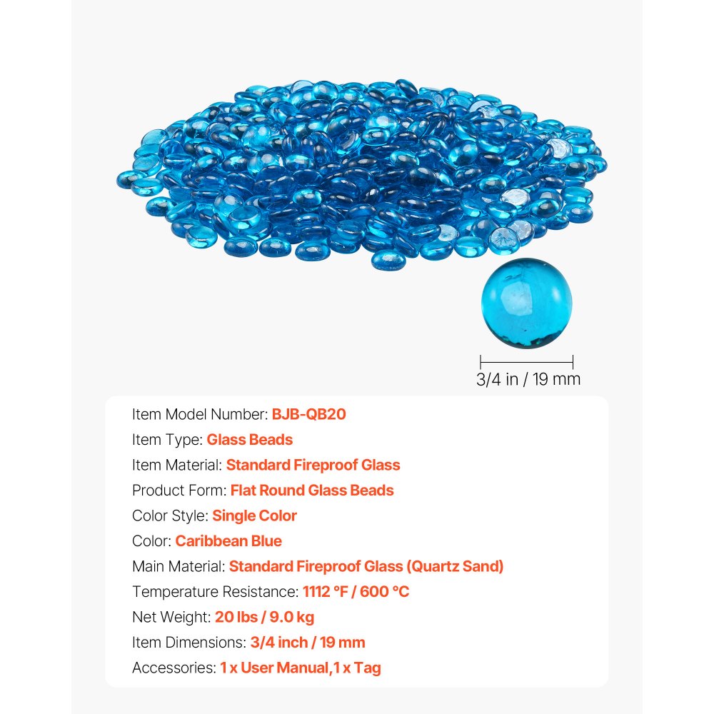 VEVOR Fire Glass, 20 lbs / 9.0 kg High-Temperature Resistant Fireplace Rocks, 3/4-Inch / 19.05 mm Reflective Firepit Glass Beads, High Luster Stone Landscaping for Fire Pit Table, Caribbean Blue