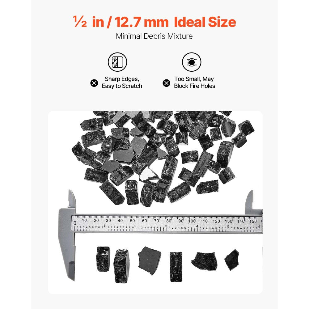 VEVOR Fire Glass, 20 LBS / 9.0 KG High-Temperature Resistant Fireplace Rocks, 1/2-Inch / 12.7 mm Reflective & Smokeless Firepit Glass Rock, High Luster Stone Landscaping for Fire Pit Table, Black