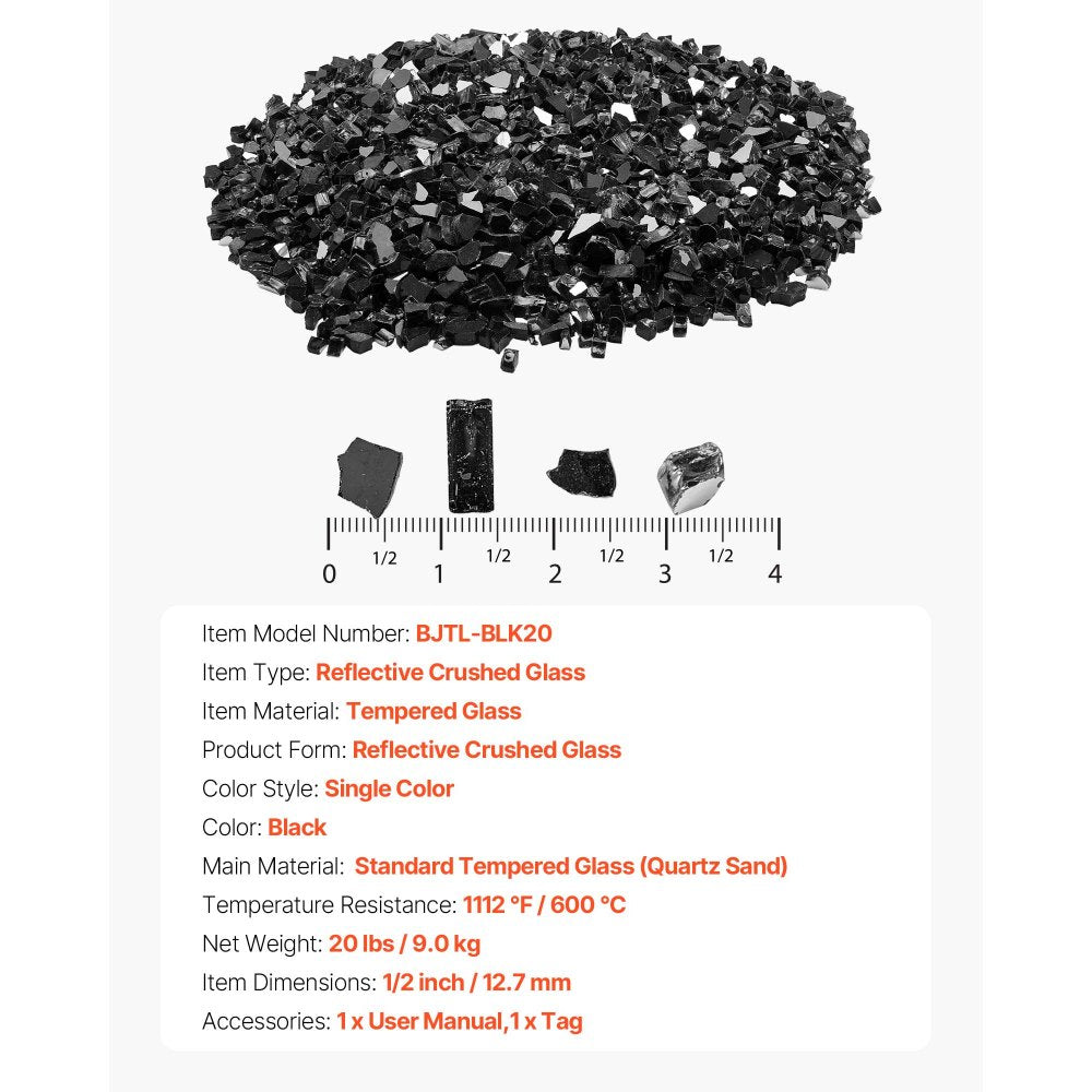 VEVOR Fire Glass, 20 LBS / 9.0 KG High-Temperature Resistant Fireplace Rocks, 1/2-Inch / 12.7 mm Reflective & Smokeless Firepit Glass Rock, High Luster Stone Landscaping for Fire Pit Table, Black