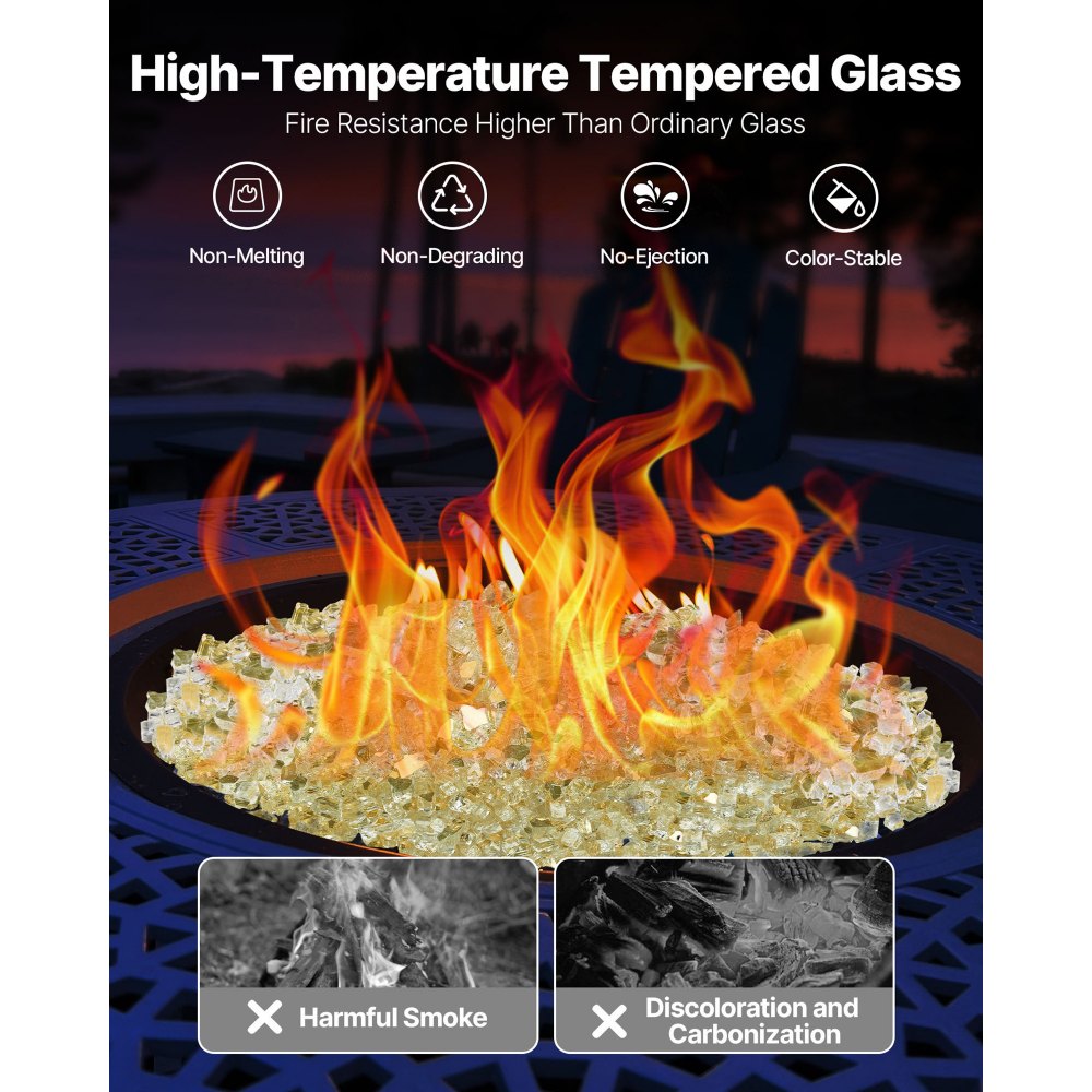 VEVOR Fire Glass, 10 LBS / 4.5 KG High-Temperature Resistant Fireplace Rocks, 1/2-Inch / 12.7 mm Reflective & Smokeless Firepit Glass Rock, High Luster Stone Landscaping for Fire Pit Table, Gold