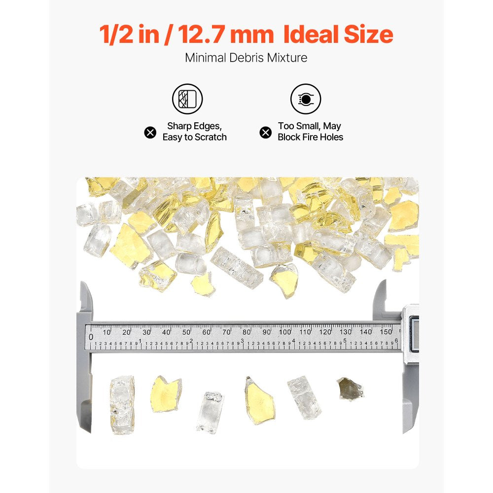 VEVOR Fire Glass, 10 LBS / 4.5 KG High-Temperature Resistant Fireplace Rocks, 1/2-Inch / 12.7 mm Reflective & Smokeless Firepit Glass Rock, High Luster Stone Landscaping for Fire Pit Table, Gold
