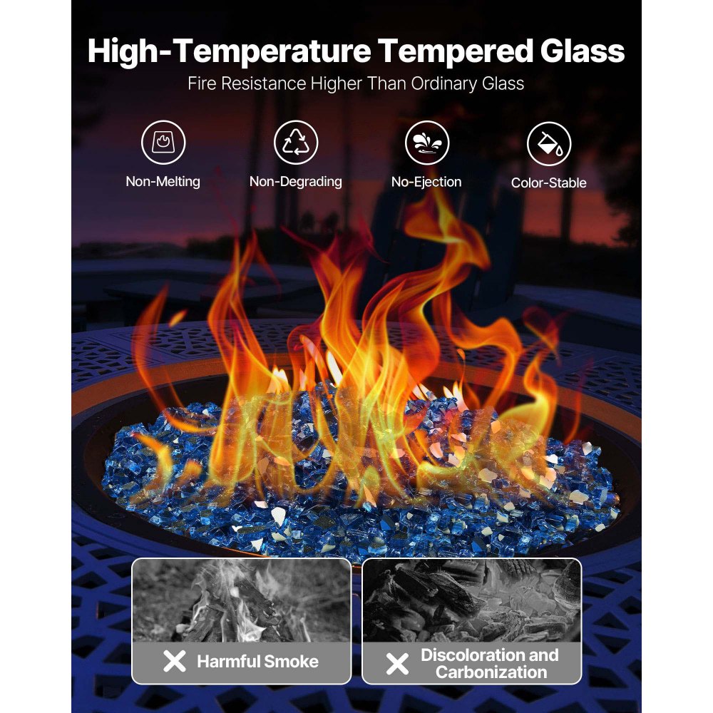 VEVOR Fire Glass, 10LBS / 4.5KG High-Temperature Resistant Fireplace Rocks, 1/2-Inch / 12.7 mm Reflective & Smokeless Firepit Glass Rock, High Luster Stone Landscaping for Fire Pit Table, Pacific Blue