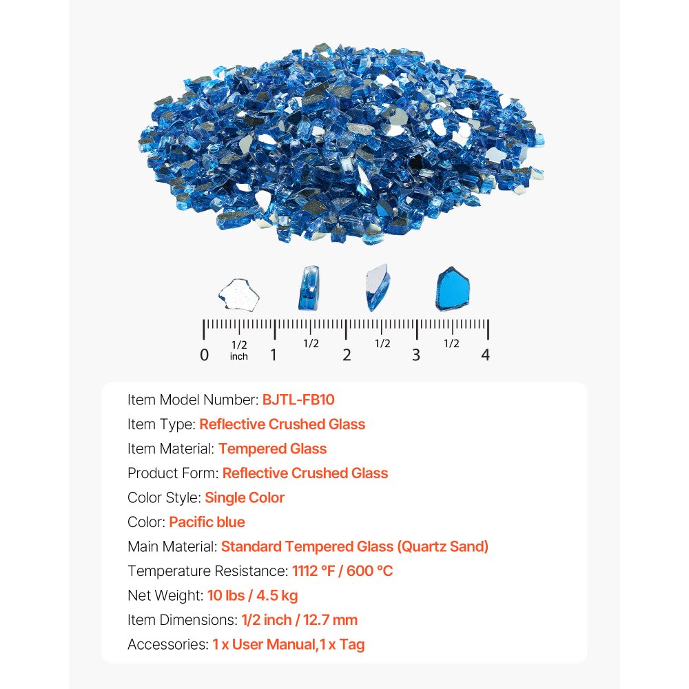 VEVOR Fire Glass, 10LBS / 4.5KG High-Temperature Resistant Fireplace Rocks, 1/2-Inch / 12.7 mm Reflective & Smokeless Firepit Glass Rock, High Luster Stone Landscaping for Fire Pit Table, Pacific Blue