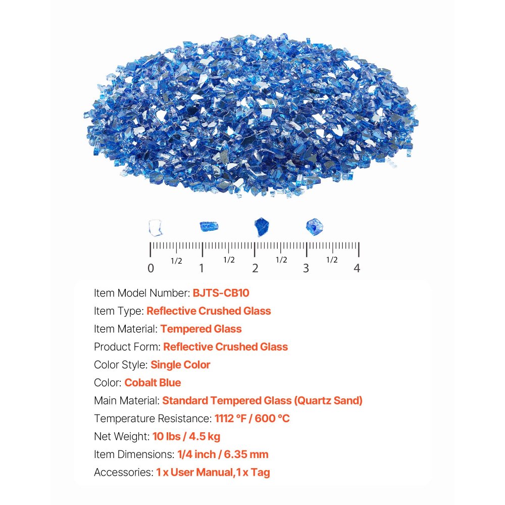 VEVOR Fire Glass, 10LBS / 4.5KG High-Temperature Resistant Fireplace Rocks, 1/4-Inch / 6.35 mm Reflective & Smokeless Firepit Glass Rock, High Luster Stone Landscaping for Fire Pit Table, Cobalt Blue