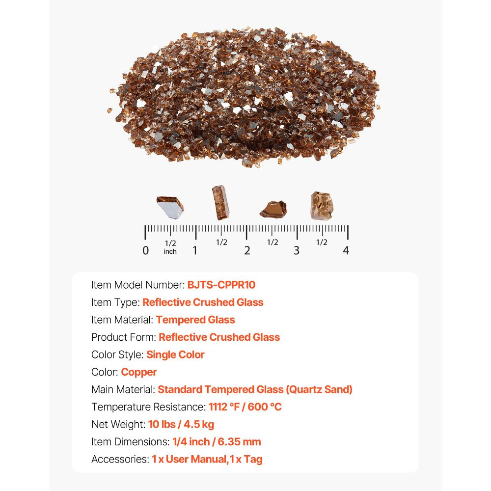 VEVOR Fire Glass, 10 LBS / 4.5 KG High-Temperature Resistant Fireplace Rocks, 1/4-Inch / 6.35 mm Reflective & Smokeless Firepit Glass Rock, High Luster Stone Landscaping for Fire Pit Table, Copper