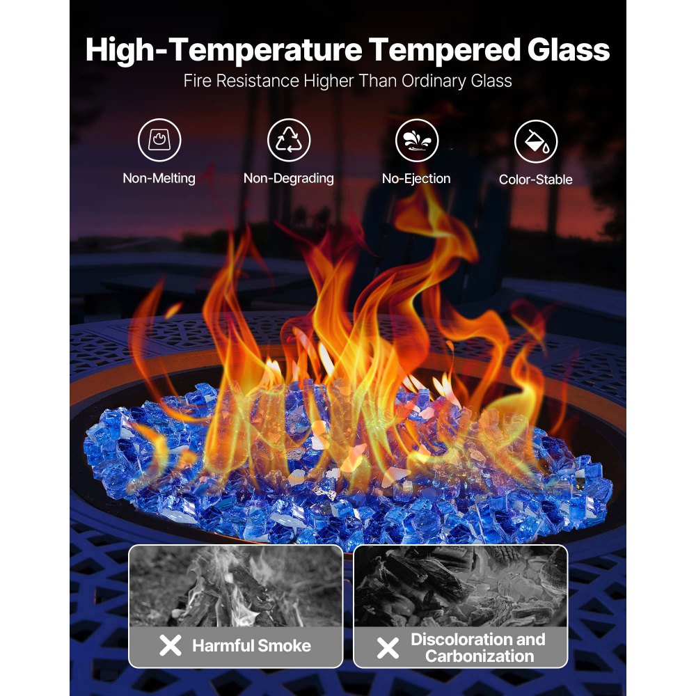 VEVOR Fire Glass, 10LBS / 4.5KG High-Temperature Resistant Fireplace Rocks, 1/2-Inch / 12.7 mm Reflective & Smokeless Firepit Glass Rock, High Luster Stone Landscaping for Fire Pit Table, Cobalt Blue