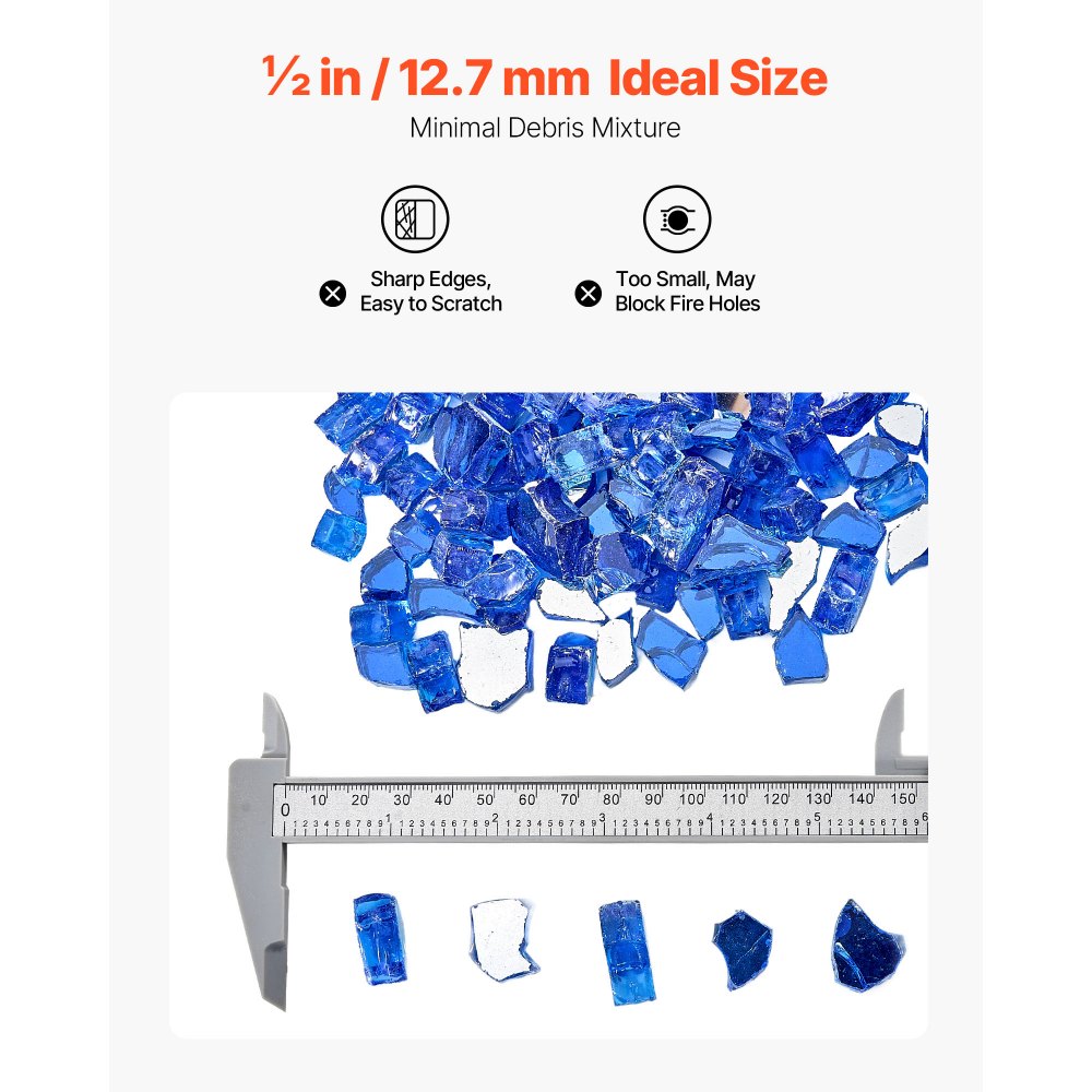 VEVOR Fire Glass, 10LBS / 4.5KG High-Temperature Resistant Fireplace Rocks, 1/2-Inch / 12.7 mm Reflective & Smokeless Firepit Glass Rock, High Luster Stone Landscaping for Fire Pit Table, Cobalt Blue