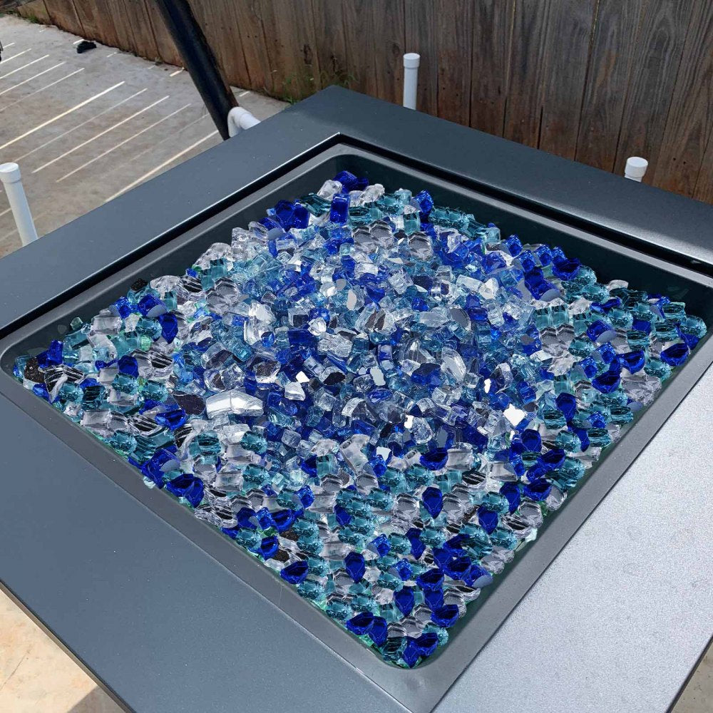 VEVOR Fire Glass, 10 LBS / 4.5 KG Fireplace Rocks, 1/2-Inch / 12.7 mm Reflective Firepit Glass Rock, High Luster & Smokeless Stone Landscaping for Fire Pit Table, Cobalt Blue + Aqua Blue + Clear