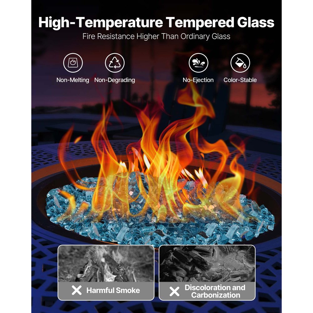 VEVOR Fire Glass, 20 LBS / 9 KG High-Temperature Resistant Fireplace Rocks, 1/2-Inch / 12.7 mm Reflective & Smokeless Firepit Glass Rock, High Luster Stone Landscaping for Fire Pit Table, Aqua Blue