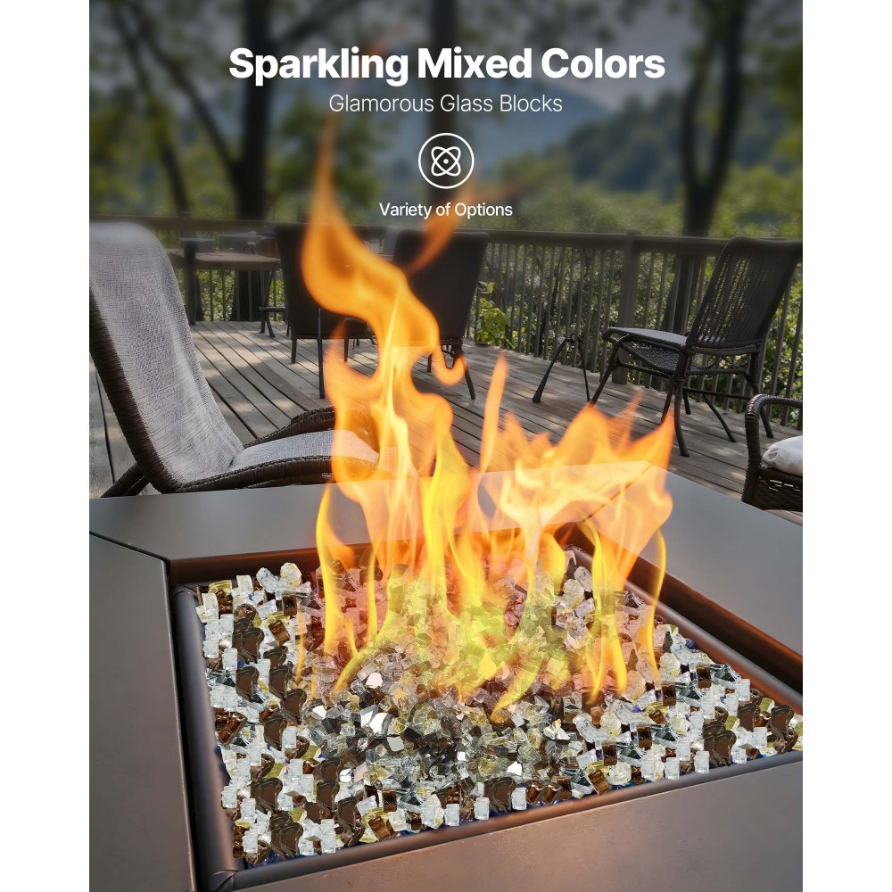 VEVOR Fire Glass, 10 LBS / 4.5 KG High-Temperature Resistant Fireplace Rocks, 1/2-Inch / 12.7 mm Reflective Firepit Glass Rock, High Luster Stone Landscaping for Fire Pit Table, Copper + Clear + Gold