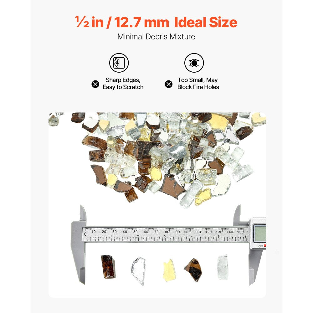 VEVOR Fire Glass, 10 LBS / 4.5 KG High-Temperature Resistant Fireplace Rocks, 1/2-Inch / 12.7 mm Reflective Firepit Glass Rock, High Luster Stone Landscaping for Fire Pit Table, Copper + Clear + Gold