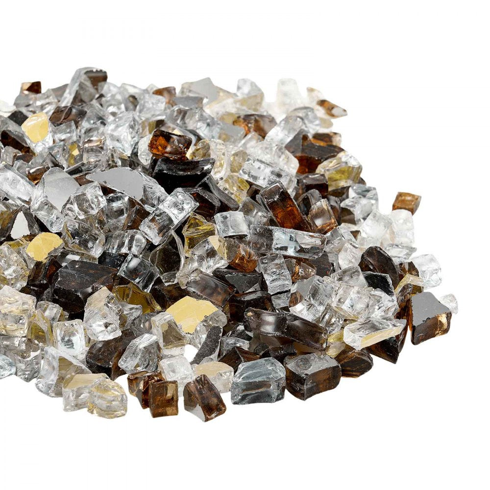 VEVOR Fire Glass, 10 LBS / 4.5 KG High-Temperature Resistant Fireplace Rocks, 1/2-Inch / 12.7 mm Reflective Firepit Glass Rock, High Luster Stone Landscaping for Fire Pit Table, Copper + Clear + Gold