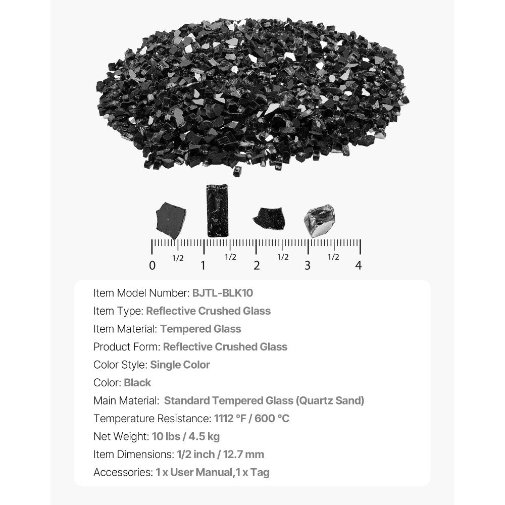 VEVOR Fire Glass, 10 LBS / 4.5 KG High-Temperature Resistant Fireplace Rocks, 1/2-Inch / 12.7 mm Reflective & Smokeless Firepit Glass Rock, High Luster Stone Landscaping for Fire Pit Table, Black