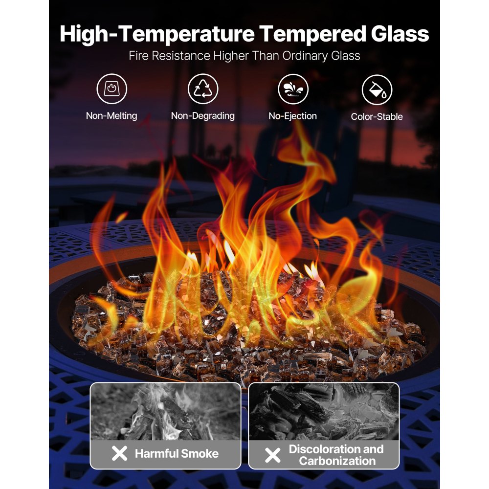 VEVOR Fire Glass, 10 LBS / 4.5 KG High-Temperature Resistant Fireplace Rocks, 1/2-Inch / 12.7 mm Reflective & Smokeless Firepit Glass Rock, High Luster Stone Landscaping for Fire Pit Table, Copper