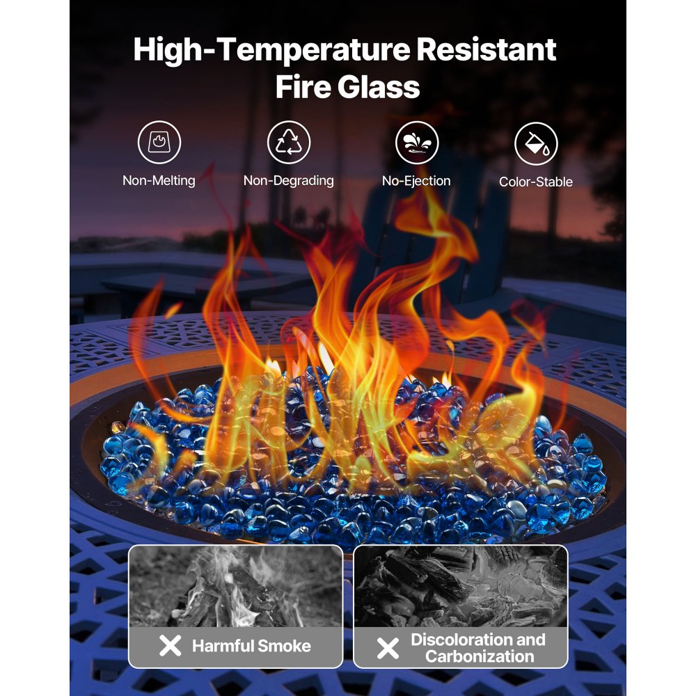 VEVOR Fire Glass, 20 LBS / 9 KG High-Temperature Resistant Fireplace Rocks, 1 Inch / 25.4 mm Reflective Firepit Glass Diamond Beads, High Luster Stone Landscaping for Fire Pit Table, Caribbean Blue