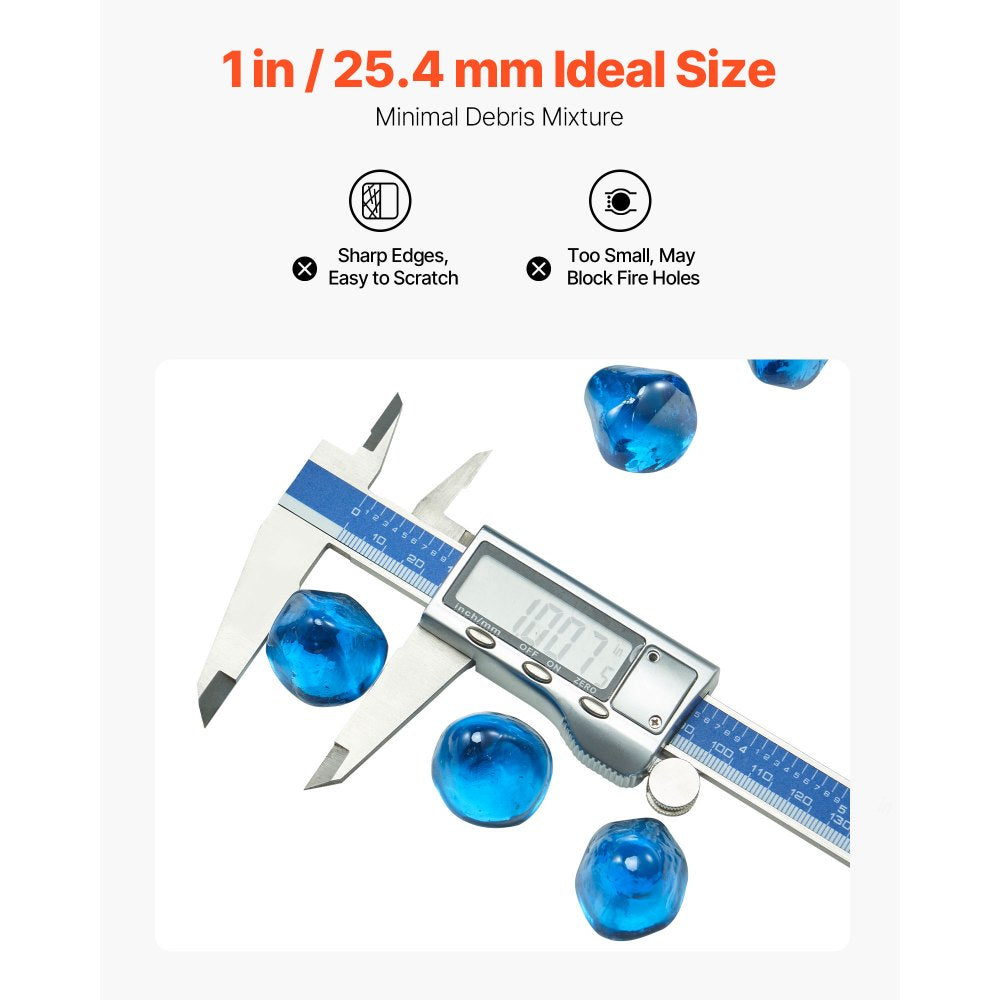 VEVOR Fire Glass, 20 LBS / 9 KG High-Temperature Resistant Fireplace Rocks, 1 Inch / 25.4 mm Reflective Firepit Glass Diamond Beads, High Luster Stone Landscaping for Fire Pit Table, Caribbean Blue