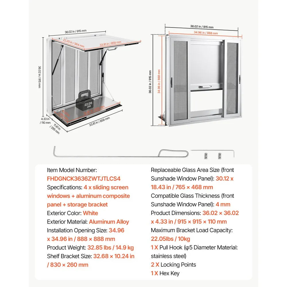 VEVOR Concession Window Folding Shelf 36x36in Aluminum Alloy Service Window, for Food Truck, Up to 85 Degrees, with 4 Sliding Screen Windows, Awning Door and Drag Hook, Rainwater Resistant