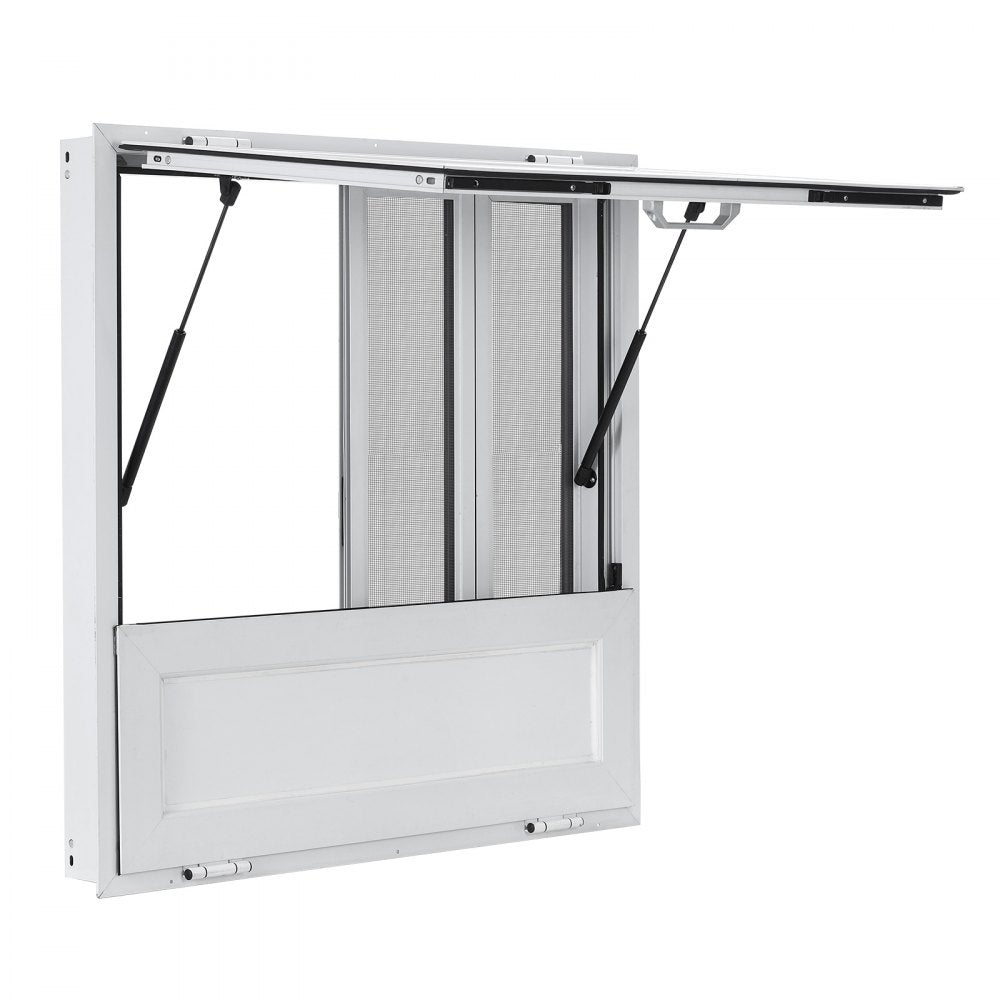 VEVOR Concession Window Folding Shelf 36x36in Aluminum Alloy Service Window, for Food Truck, Up to 85 Degrees, with 4 Sliding Screen Windows, Awning Door and Drag Hook, Rainwater Resistant
