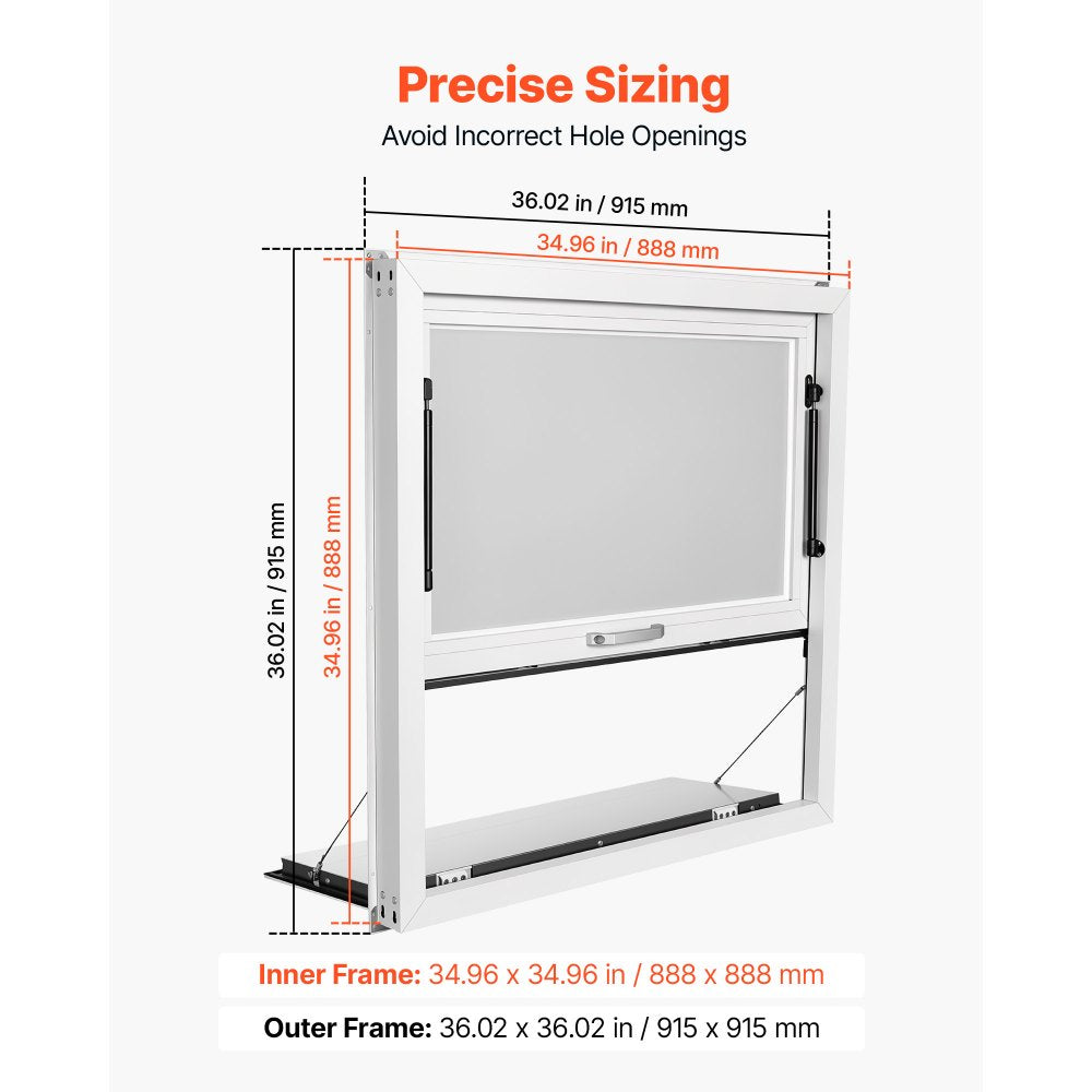 VEVOR Concession Window Folding Shelf 36x36in Aluminum Alloy Service Window, for Food Truck, Up to 85 Degrees, with Awning Door and Drag Hook, Rainwater Resistant