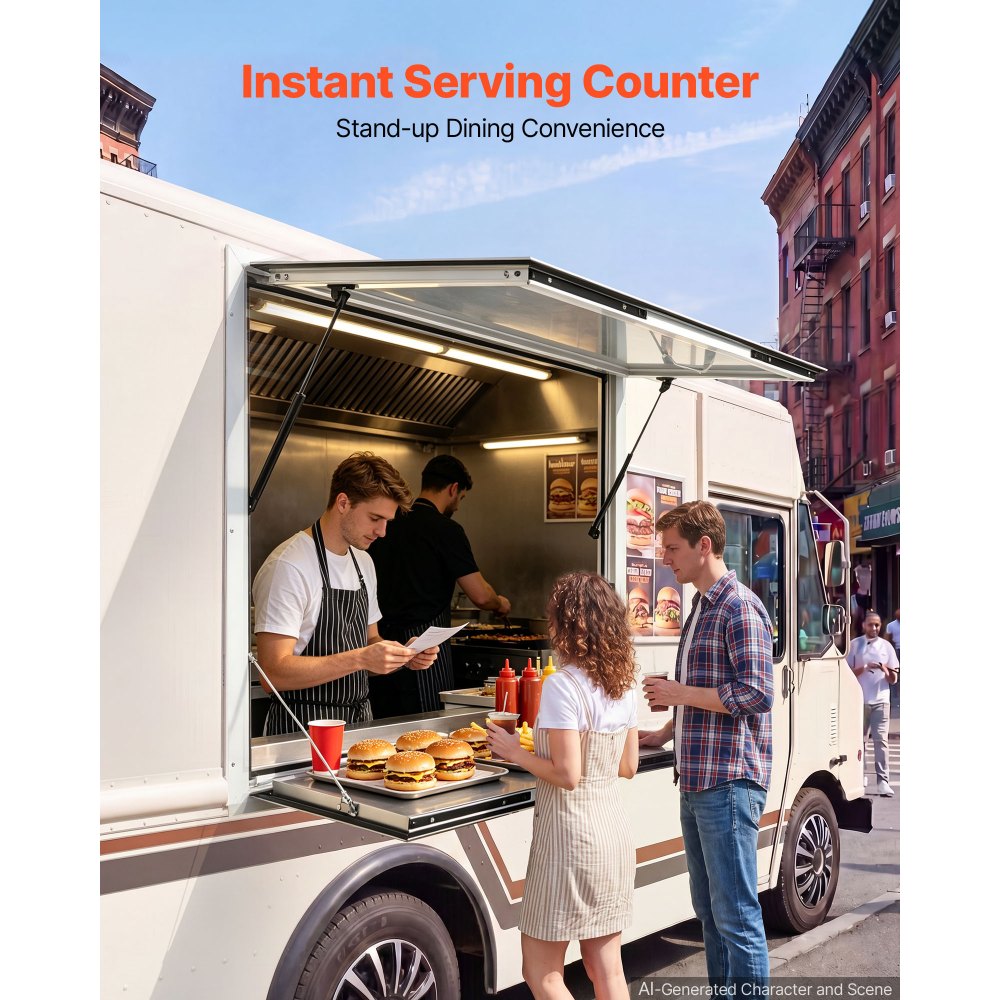 VEVOR Concession Window Folding Shelf 36x36in Aluminum Alloy Service Window, for Food Truck, Up to 85 Degrees, with Awning Door and Drag Hook, Rainwater Resistant