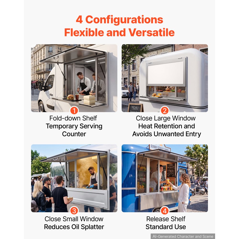 VEVOR Concession Window Folding Shelf 48x36in Aluminum Alloy Service Window, for Food Truck, Up to 85 Degrees, with 4 Sliding Screen Windows, Awning Door and Drag Hook, Rainwater Resistant