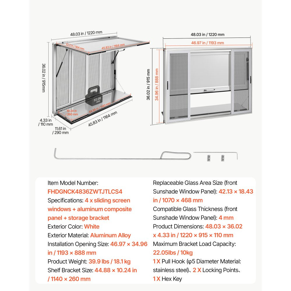 VEVOR Concession Window Folding Shelf 48x36in Aluminum Alloy Service Window, for Food Truck, Up to 85 Degrees, with 4 Sliding Screen Windows, Awning Door and Drag Hook, Rainwater Resistant