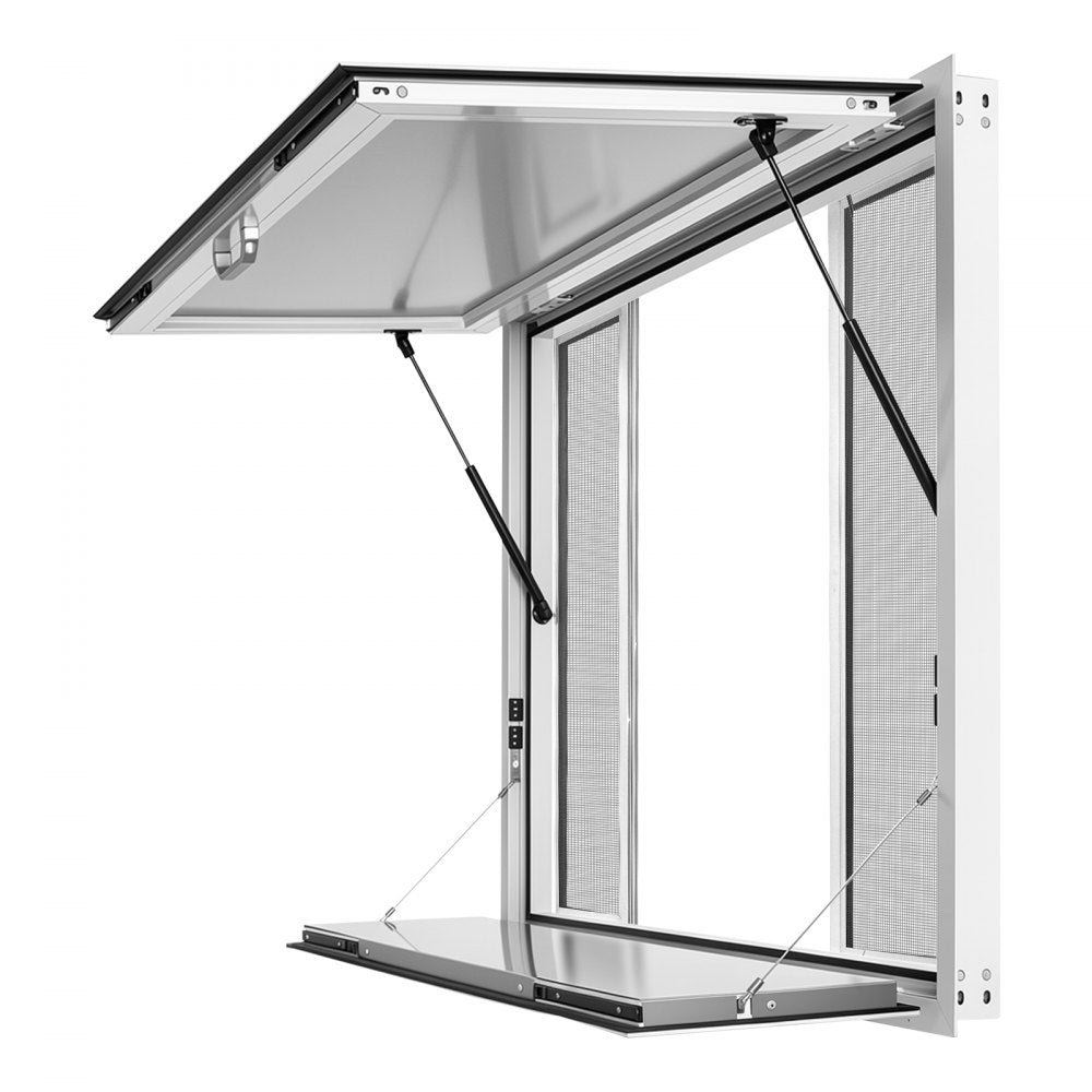 VEVOR Concession Window Folding Shelf 48x36in Aluminum Alloy Service Window, for Food Truck, Up to 85 Degrees, with 4 Sliding Screen Windows, Awning Door and Drag Hook, Rainwater Resistant