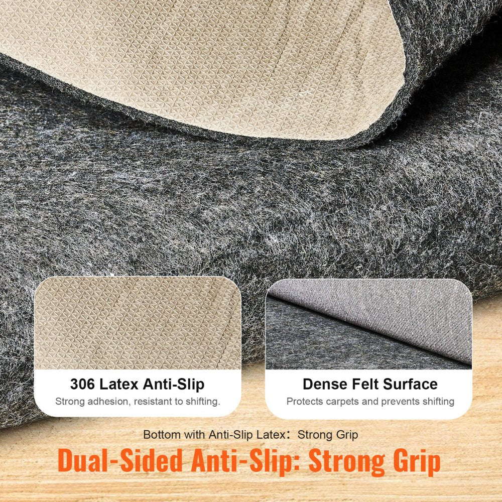 VEVOR - Slip-Resistant Rug Pad - Protective Cushioning Carpet Pad - 5' x 8' - 1/4"Thick - Dual Surface - Polyester Felt + Latex - Gray - 3-4㎡ Area Carpet Padding Rug Cushion Safe for All Floors