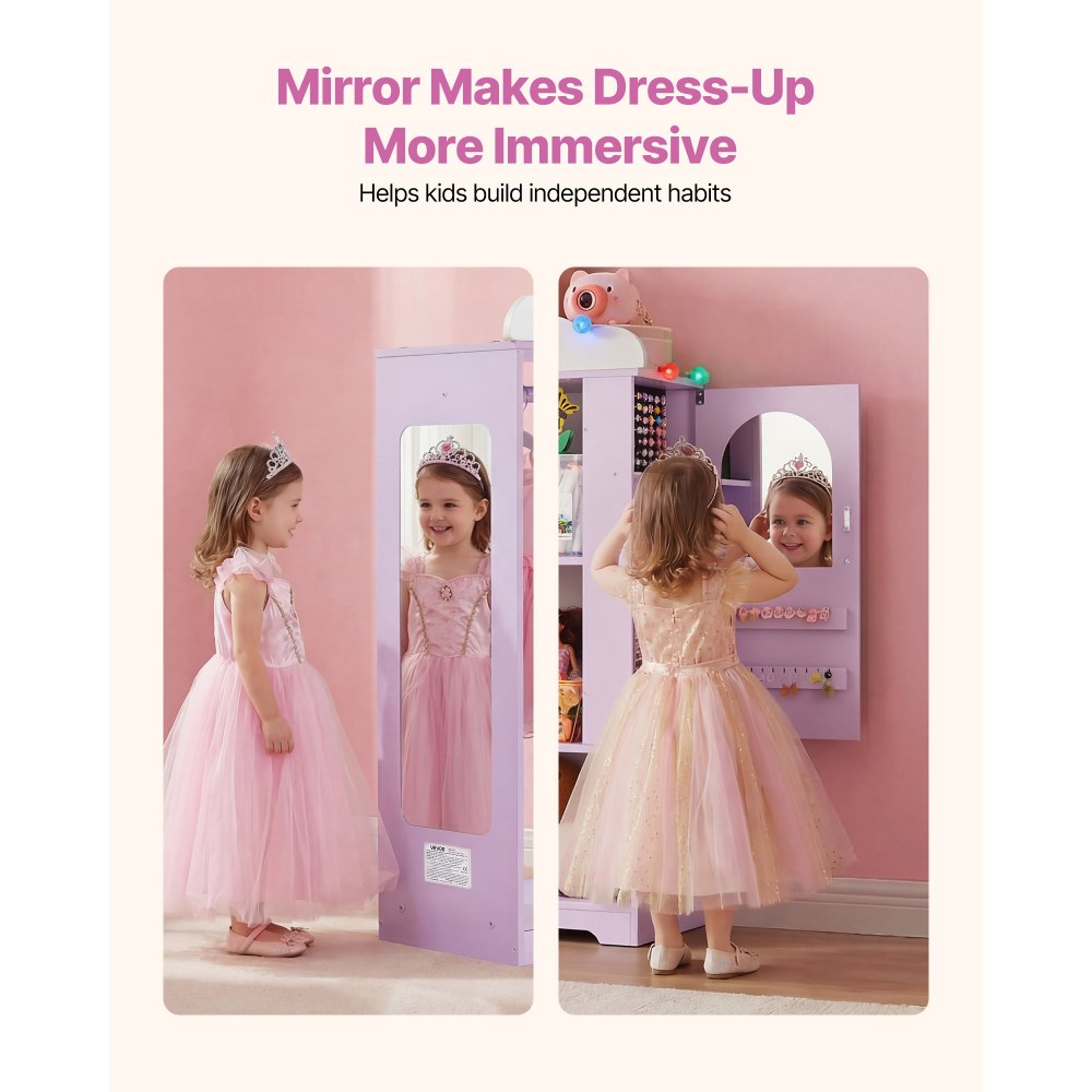 VEVOR Kids Dress Up Storage, with Jewelry Cabinet, Dress Up Closet with Mirror and Shelves, Princess Costumes Wardrobe Closet, Toddler Costume Organizer Armoire, for Bedroom, Kids Room, Girls, Purple