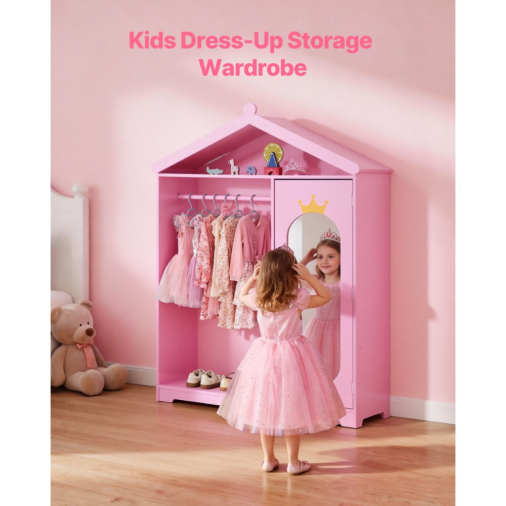 VEVOR Kids Dress Up Storage, with Mirror, Dress Up Closet, Kids Armoire Wardrobe Closet for Little Girls, Toddler Costume Organizer, Pretend Princess Storage Dresser, for Bedroom, Girls Room, Pink