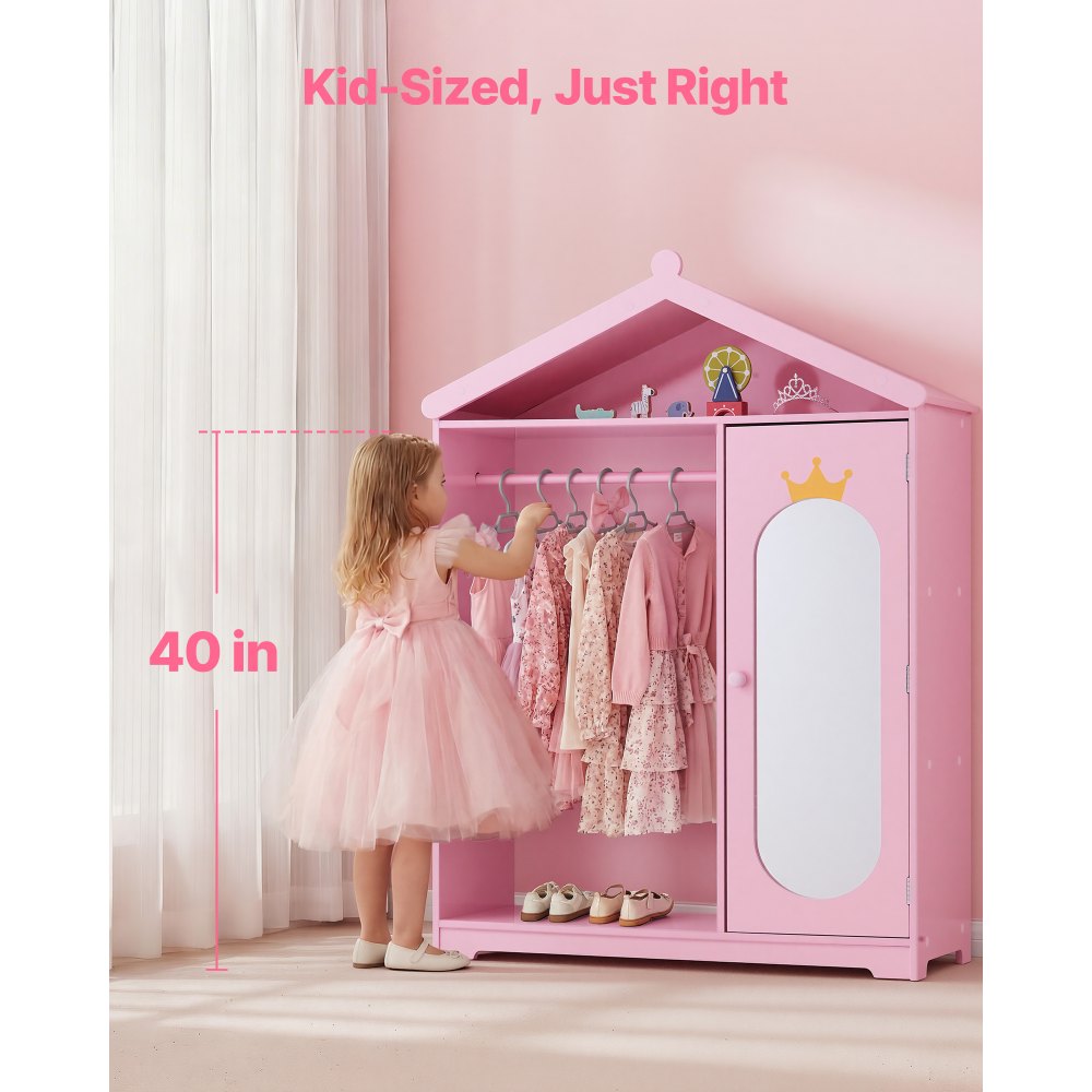 VEVOR Kids Dress Up Storage, with Mirror, Dress Up Closet, Kids Armoire Wardrobe Closet for Little Girls, Toddler Costume Organizer, Pretend Princess Storage Dresser, for Bedroom, Girls Room, Pink
