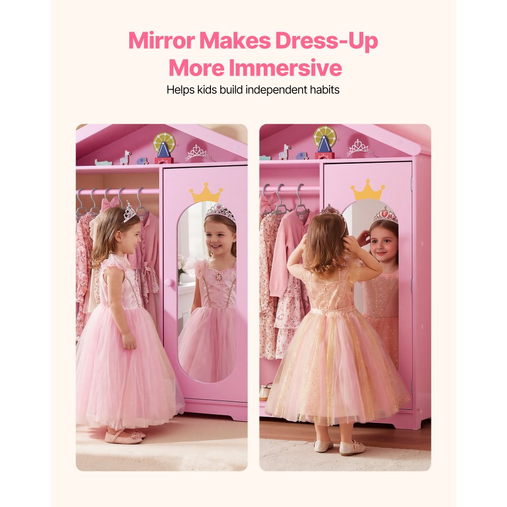 VEVOR Kids Dress Up Storage, with Mirror, Dress Up Closet, Kids Armoire Wardrobe Closet for Little Girls, Toddler Costume Organizer, Pretend Princess Storage Dresser, for Bedroom, Girls Room, Pink