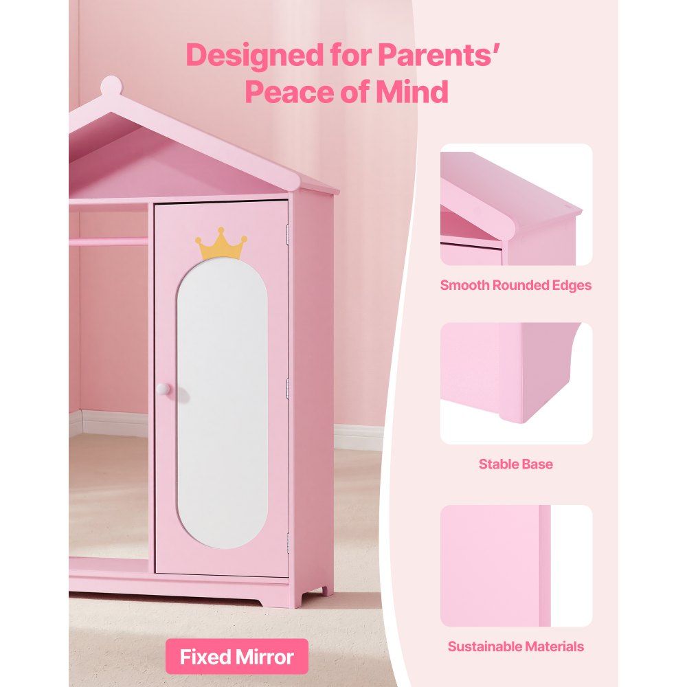 VEVOR Kids Dress Up Storage, with Mirror, Dress Up Closet, Kids Armoire Wardrobe Closet for Little Girls, Toddler Costume Organizer, Pretend Princess Storage Dresser, for Bedroom, Girls Room, Pink