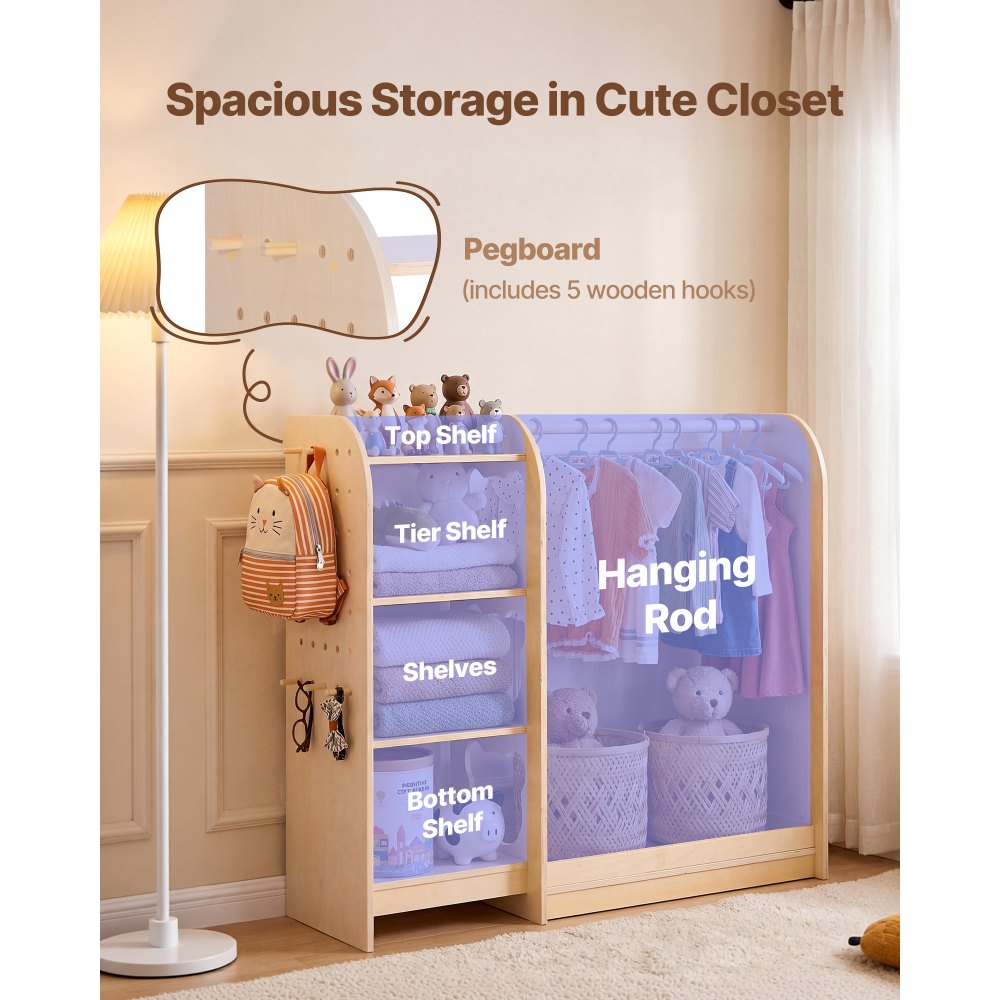 VEVOR Kids Dress Up Storage, with Mirror, Wooden Kids Dress Up Rack, Toddler Wardrobe Closet for Little Girls, Storage Armoire, Costume Organizer, Children Playroom Furniture, for Bedroom, Natural