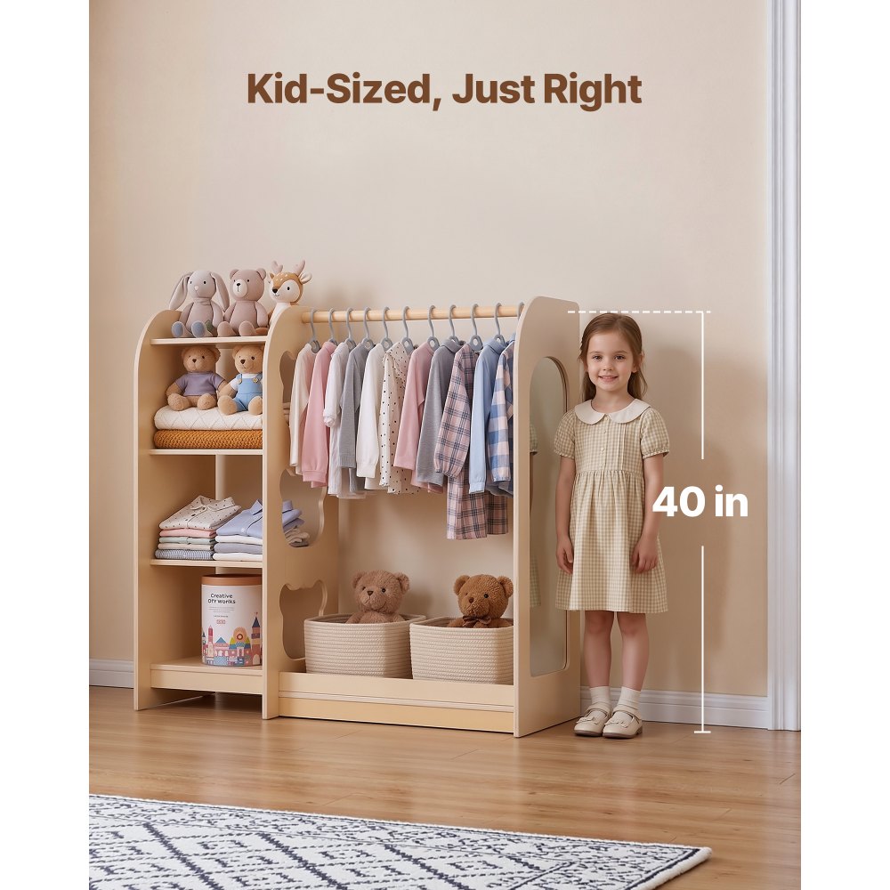 VEVOR Kids Dress Up Storage, with Mirror, Wooden Kids Dress Up Rack, Toddler Wardrobe Closet for Little Girls, Storage Armoire, Costume Organizer, Children Playroom Furniture, for Bedroom, Natural