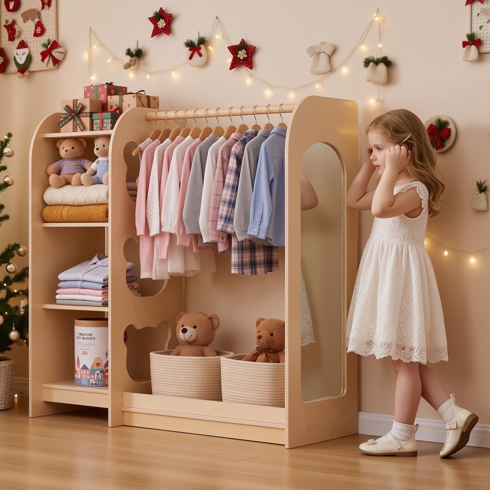 VEVOR Kids Dress Up Storage, with Mirror, Wooden Kids Dress Up Rack, Toddler Wardrobe Closet for Little Girls, Storage Armoire, Costume Organizer, Children Playroom Furniture, for Bedroom, Natural