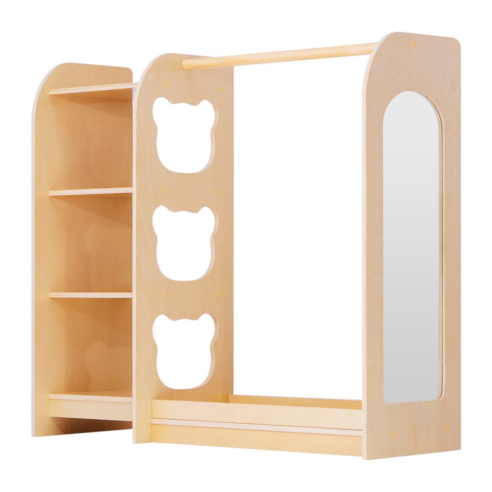 VEVOR Kids Dress Up Storage, with Mirror, Wooden Kids Dress Up Rack, Toddler Wardrobe Closet for Little Girls, Storage Armoire, Costume Organizer, Children Playroom Furniture, for Bedroom, Natural
