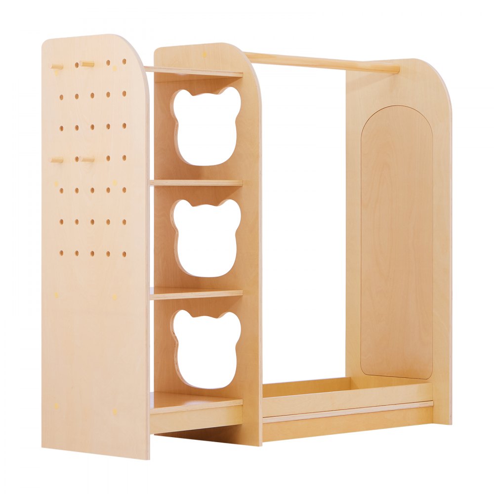 VEVOR Kids Dress Up Storage, with Mirror, Wooden Kids Dress Up Rack, Toddler Wardrobe Closet for Little Girls, Storage Armoire, Costume Organizer, Children Playroom Furniture, for Bedroom, Natural