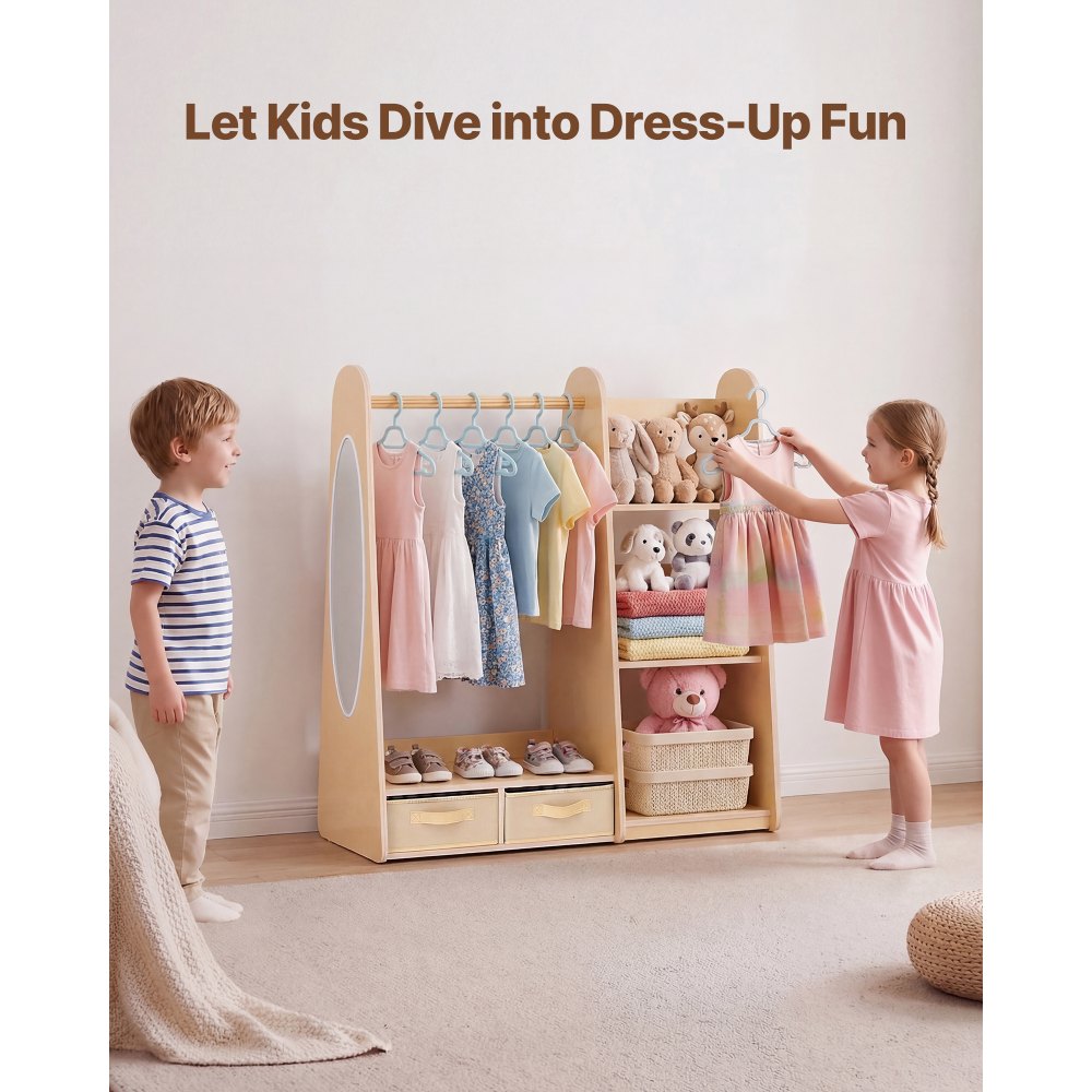 VEVOR Kids Dress Up Storage, with Mirror, Dress Up Closet, Toddler Wardrobe Closet for Little Girls, Armoire with Shelves & Bottom Tray, Costume Organizer, Toddler Room Furniture, for Bedroom, Natural