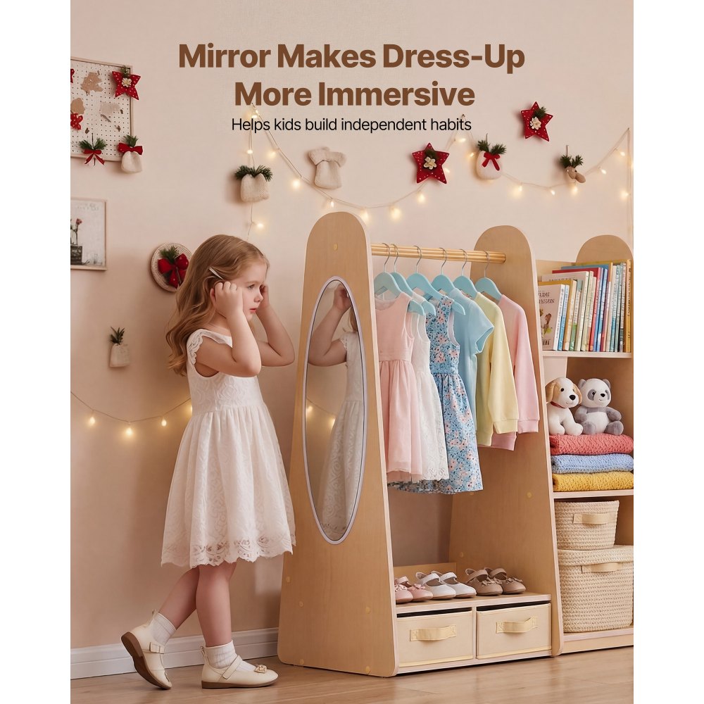 VEVOR Kids Dress Up Storage, with Mirror, Dress Up Closet, Toddler Wardrobe Closet for Little Girls, Armoire with Shelves & Bottom Tray, Costume Organizer, Toddler Room Furniture, for Bedroom, Natural