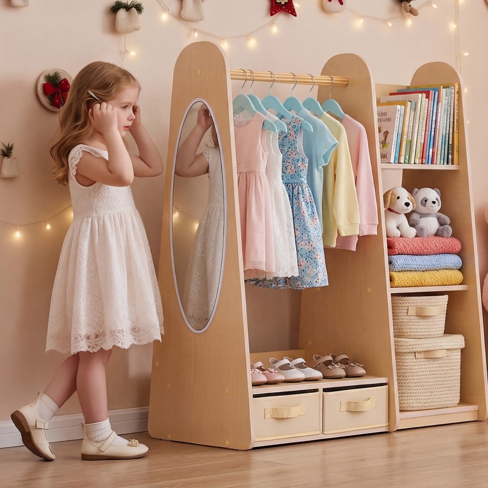 VEVOR Kids Dress Up Storage, with Mirror, Dress Up Closet, Toddler Wardrobe Closet for Little Girls, Armoire with Shelves & Bottom Tray, Costume Organizer, Toddler Room Furniture, for Bedroom, Natural