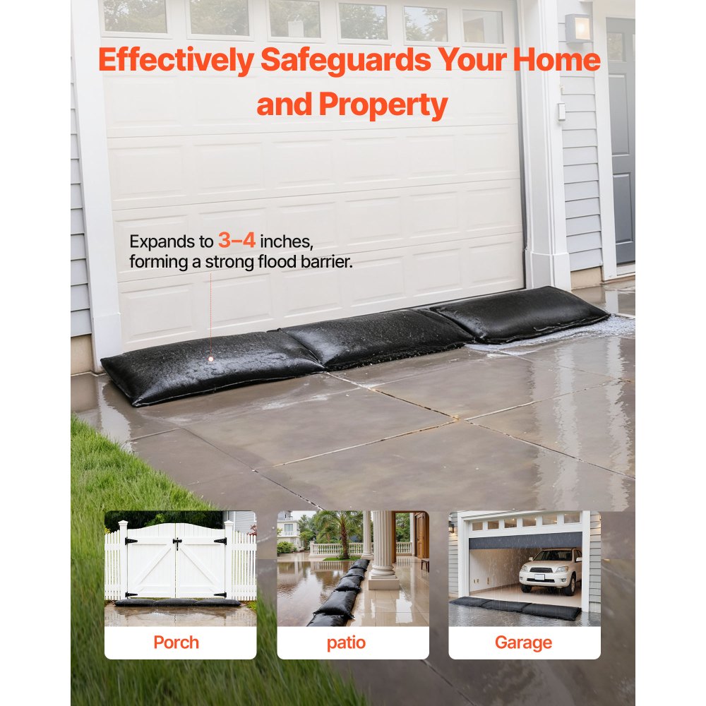 VEVOR Flood Barrier, 6 Pack, 2.7 x 1.4 ft Flood Bags Activated by Water, Reusable Water Absorbent Barrier, Sandless Sandbags Blockage, Flooding Prevention Bags for Home, Doorways, Basement, Garage