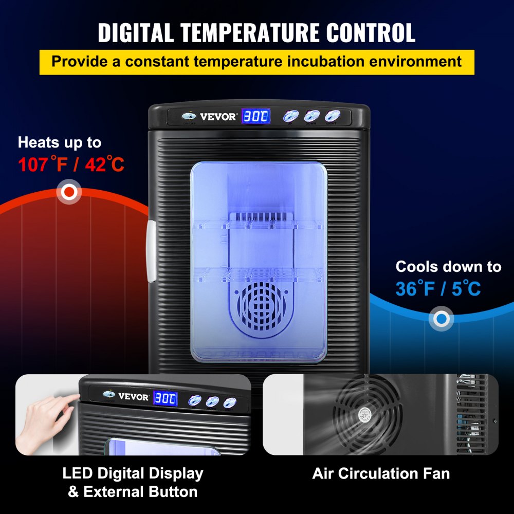 VEVOR Egg Incubator and Hatcher 25L Black Reptile Egg Incubator 5-42°C Scientific Hatcher Heating Bright LED Digital Display For Small Animals
